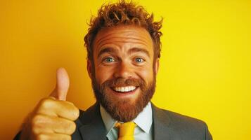 Smiling man with curly hair gives thumbs up in a bright yellow setting wearing a suit and tie photo