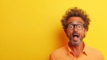 Excitement fills the air as a middle-aged man with curly hair and glasses expresses surprise against a vibrant yellow backdrop photo