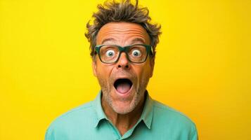 Surprised man with gray hair and glasses showing excitement against a bright yellow background in a joyful moment photo