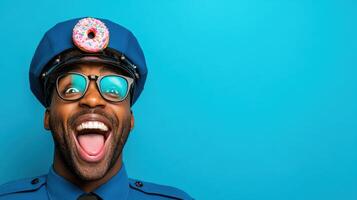 Police officer smiling with oversized glasses and a donut on a bright blue background, showcasing a playful atmosphere and fun character at a community event photo