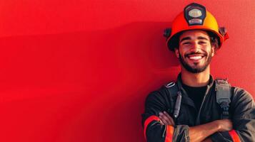Firefighter smiling confidently against a bright red wall during daylight at a training facility displaying teamwork and dedication to safety photo