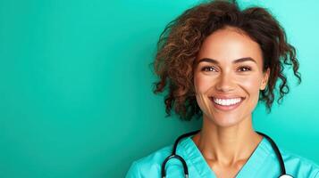 Smiling healthcare professional in scrubs with stethoscope against a vibrant green background photo