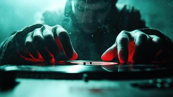 DJ focused on vinyl records in a dimly lit room creating an immersive atmosphere during a late-night music session photo