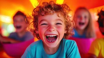Joyful child laughing amidst friends in colorful amusement park setting during sunny day filled with fun activities photo