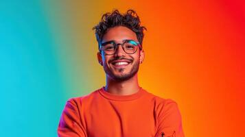 Young man with curly hair and glasses smiles confidently against a vibrant colored background during a creative studio session in the evening photo