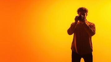 Person holding camera with vibrant orange background during creative photoshoot in a studio environment capturing artistic moments in soft lighting photo