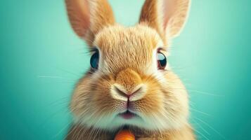 Cute rabbit with expressive eyes poses against a blue background, creating a charming and playful atmosphere, perfect for animal lovers and nature enthusiasts photo