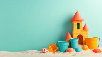 Colorful sandcastle set against a light blue background featuring beach toys and accessories ready for a fun summer day at the beach photo