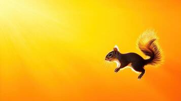 Squirrel leaps joyfully against a bright orange sunset in a natural setting during evening hours photo