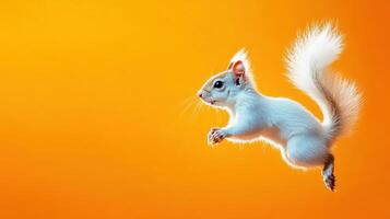 White squirrel leaps in mid-air against a bright orange background during a sunny afternoon in a park, showcasing its playful nature and agility photo
