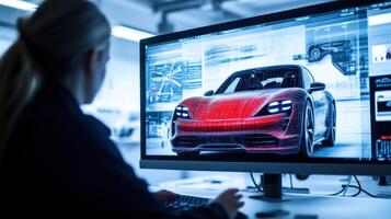 Working on car design using advanced technology to create a modern vehicle in a high-tech studio environment at a design facility during day time photo
