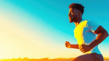 Runner in a white shirt sprints across an open field during sunset with vibrant skies creating a dynamic silhouette photo