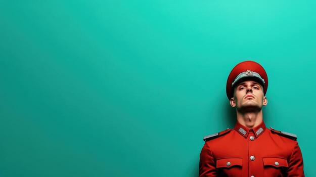 Young man in bright red uniform stands against a turquoise background with a serious expression, indicating a formal setting and unique attire photo