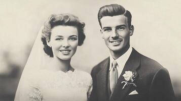 Vintage black and white portrait of a young couple on their wedding day in a serene outdoor setting during the mid-20th century capturing timeless love and joy photo