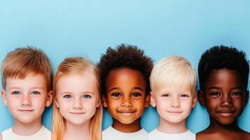 Diverse group of children posing for a portrait against a colorful blue backdrop during a cheerful summer day photo