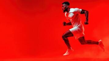 Dynamic athlete in motion against a vivid red backdrop during an energetic workout session at a modern training facility photo