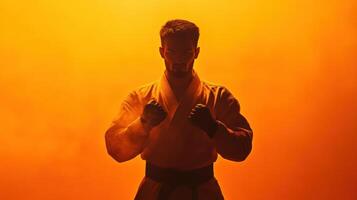 Martial artist prepares for a competition in a dramatic orange haze during a nighttime performance photo