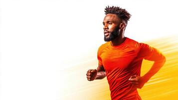 Dynamic runner in bright orange apparel making strides on a white background during a fitness session in an urban setting photo