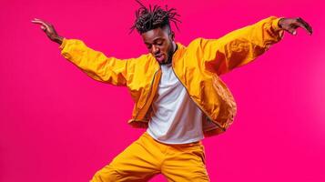 Energetic dancer performs with enthusiasm against a vibrant pink background during a lively urban dance session photo