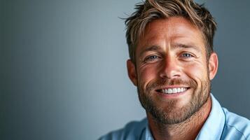 Smiling man with light hair and beard showcasing happiness in a softly lit indoor environment during a casual moment photo