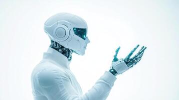 Robotic figure with humanoid features demonstrates advanced technology in a minimalistic studio environment conveying innovation and the future of artificial intelligence photo
