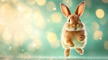 Cute rabbit hopping playfully in a bright, whimsical setting with soft bokeh lights illuminating the background photo