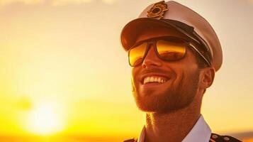 Smiling officer wearing sunglasses enjoys sunset by the sea with a confident pose that captures the warmth of the evening light and the tranquility of the ocean wave reflections photo