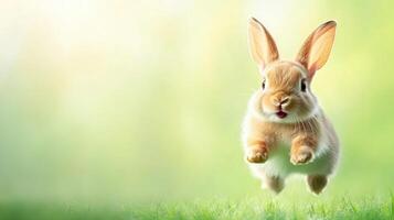 Young rabbit leaps joyfully across a sunlit meadow surrounded by soft grass and blurred greenery during a bright afternoon photo