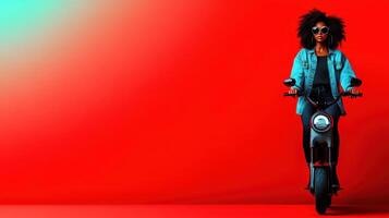 Young woman riding an electric scooter against a vibrant red background in an urban setting during daylight hours photo