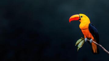 Colorful toucan perched on a branch with dark background in a tropical forest environment during midday sun photo