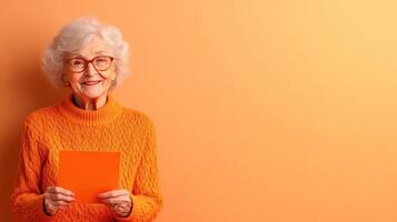 Elderly woman in orange sweater smiling while holding a bright orange card against a soft orange background in a cheerful setting photo