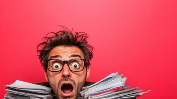 Overwhelmed man surrounded by paperwork expresses shock against a bright red background in a cluttered office during a busy workday photo