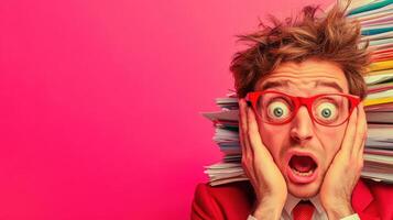 Frustrated young man surrounded by office paperwork expressing stress in a vibrant workspace photo