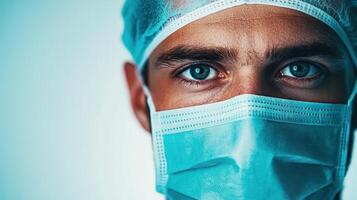 Healthcare worker wearing surgical mask, focused expression, in hospital setting during health crisis photo