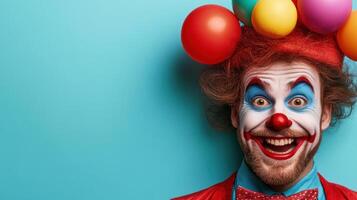 Clown with colorful balloons smiles brightly against a blue background during a festive gathering in a cheerful atmosphere promoting fun and laughter photo