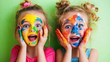 Children enjoy a colorful painting activity in a bright indoor setting with vibrant wall colors and playful expressions captured in a cheerful atmosphere photo