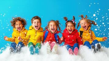 Excited children enjoying a snowy day outdoors in colorful jackets while playing with snow and having fun together under a bright blue sky photo