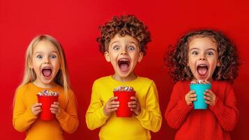 Three excited children joyfully holding colorful cups of treats against a vibrant red background during a cheerful celebration photo