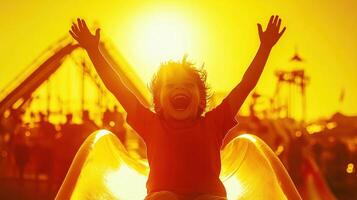 Joyful child playing on a slide during sunset at an amusement park, capturing the essence of carefree childhood fun and adventure photo