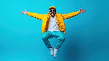 Jumping man dressed in yellow jacket and cap celebrates on bright blue background during daytime with a joyful expression photo