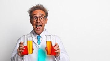 Excited scientist holds colorful liquids in test tubes while showcasing enthusiasm in a laboratory setting photo