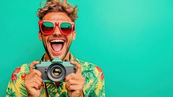 Smiling man in tropical shirt holding camera against bright green background during summer day photo