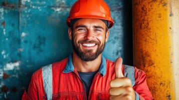 Skilled construction worker smiles and gives thumbs up wearing safety gear at job site during daytime photo