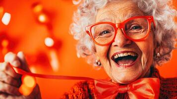 Joyful elderly woman celebrating with orange decorations and accessories, capturing a moment of happiness at a festive gathering photo