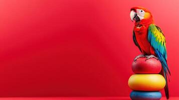 Vibrant parrot perched on colorful ring stack against a bright red background, showcasing its feathers in a lively indoor setting photo