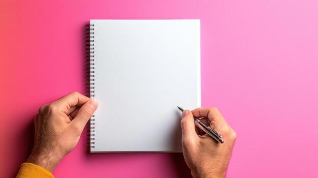 Hands holding a pen above a blank notebook on a bright pink surface during creative brainstorming in a cozy indoor space photo