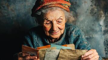 Elderly woman reading old letters while wearing a knitted hat and a cozy sweater in a dimly lit room with textured walls showcasing nostalgia and memories photo