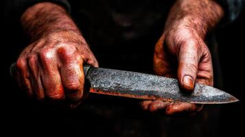 Hands gripping a rusty knife with stained fingers in a dimly lit workspace showcasing craftsmanship and wear photo