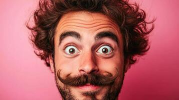 Man with curly hair expresses joy while showcasing a unique mustache against a vibrant pink background during a lively event photo