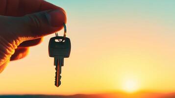 Hand holding a key against a vibrant sunset sky symbolizing new beginnings and opportunities in the evening light photo